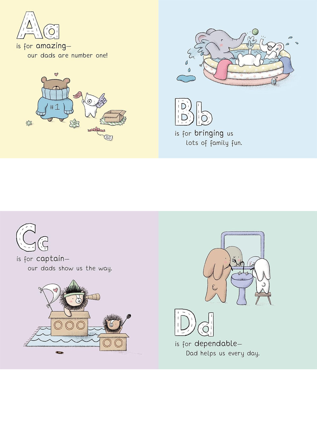 Illustrated alphabet featuring playful animals highlighting positive qualities of dads in four panels.