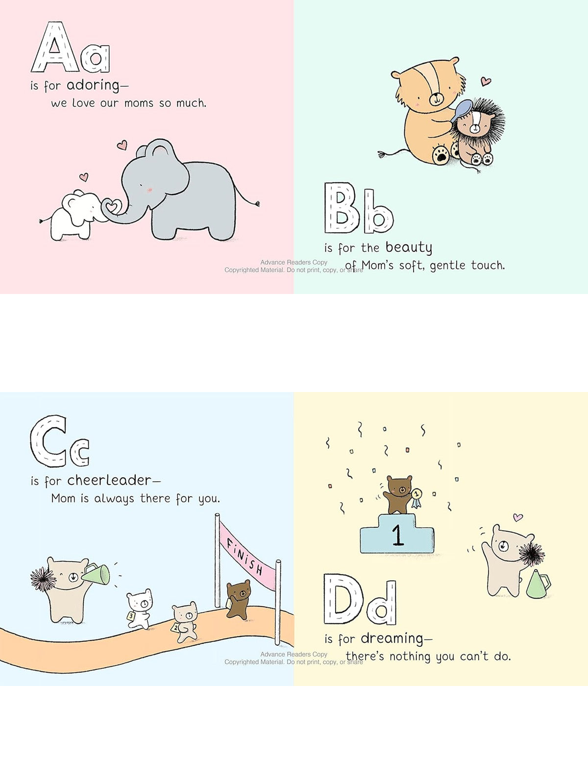 Illustrated alphabet poster celebrating moms with cute animals; each letter highlights a loving quality or action.