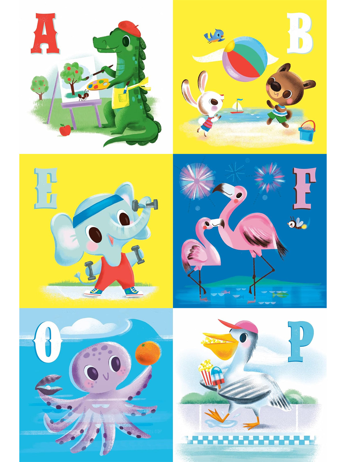 Colorful animal illustrations showing A to P activities: painting, playing, exercising, swimming, and enjoying snacks.
