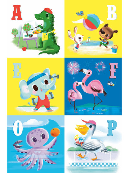 Colorful animal illustrations showing A to P activities: painting, playing, exercising, swimming, and enjoying snacks.