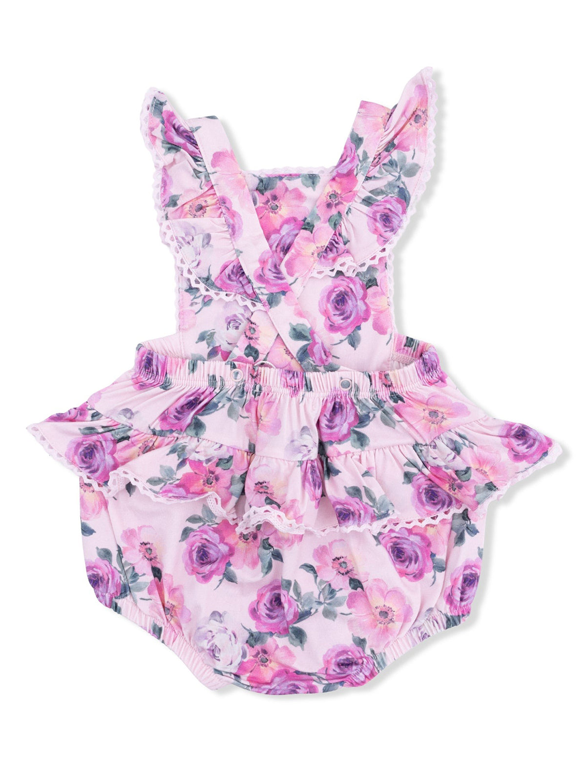 Floral baby romper with ruffled straps and skirt detail in shades of pink, purple, and green.