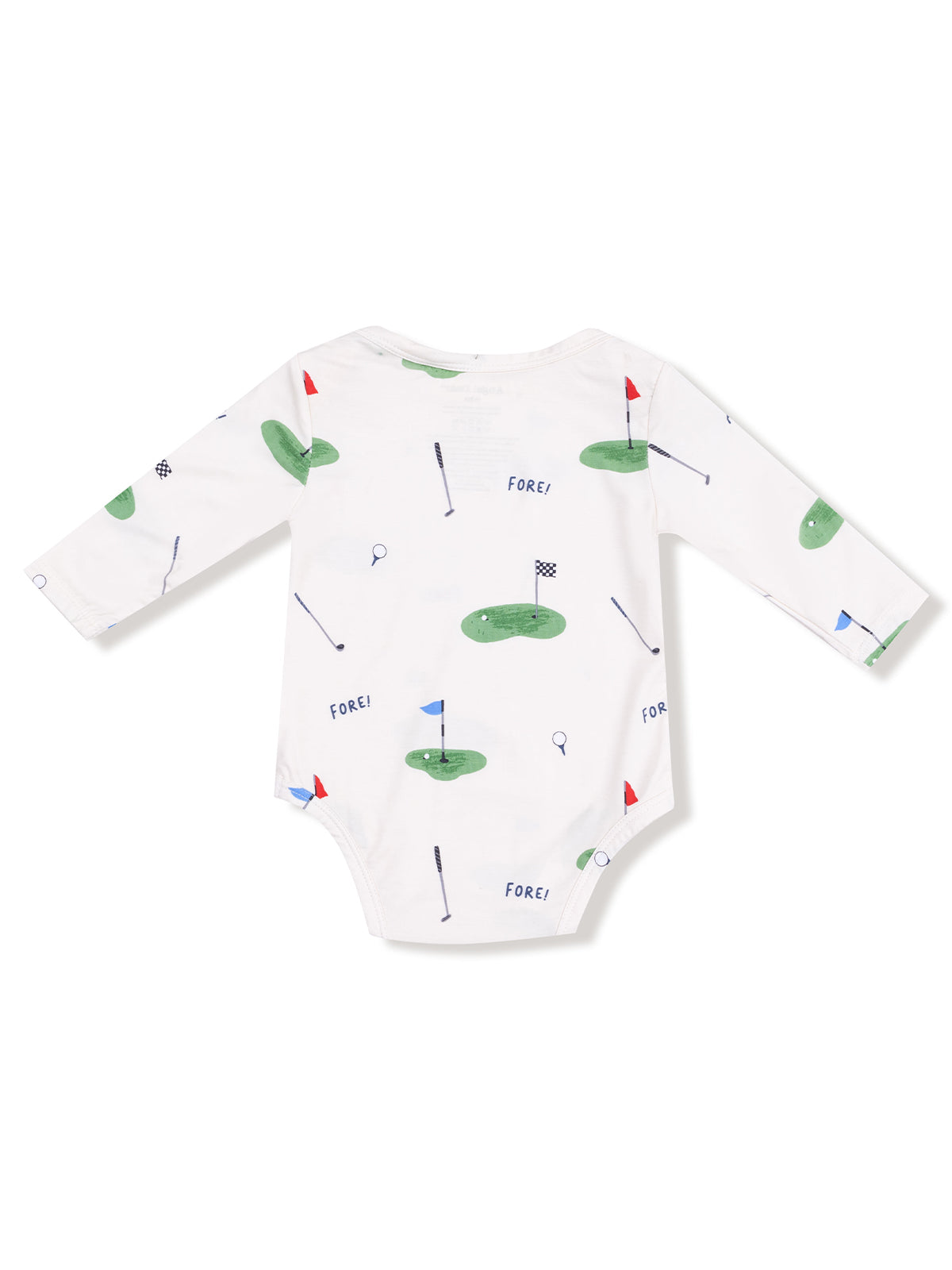 White long-sleeve baby onesie with a golf-themed pattern featuring flags and golf clubs.