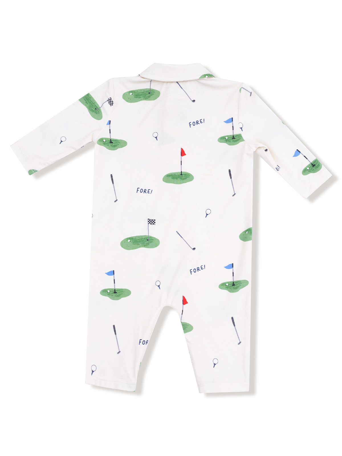 Children's golf-themed romper featuring green golf courses, flags, and "FORE!" text. Ideal for young golf enthusiasts.