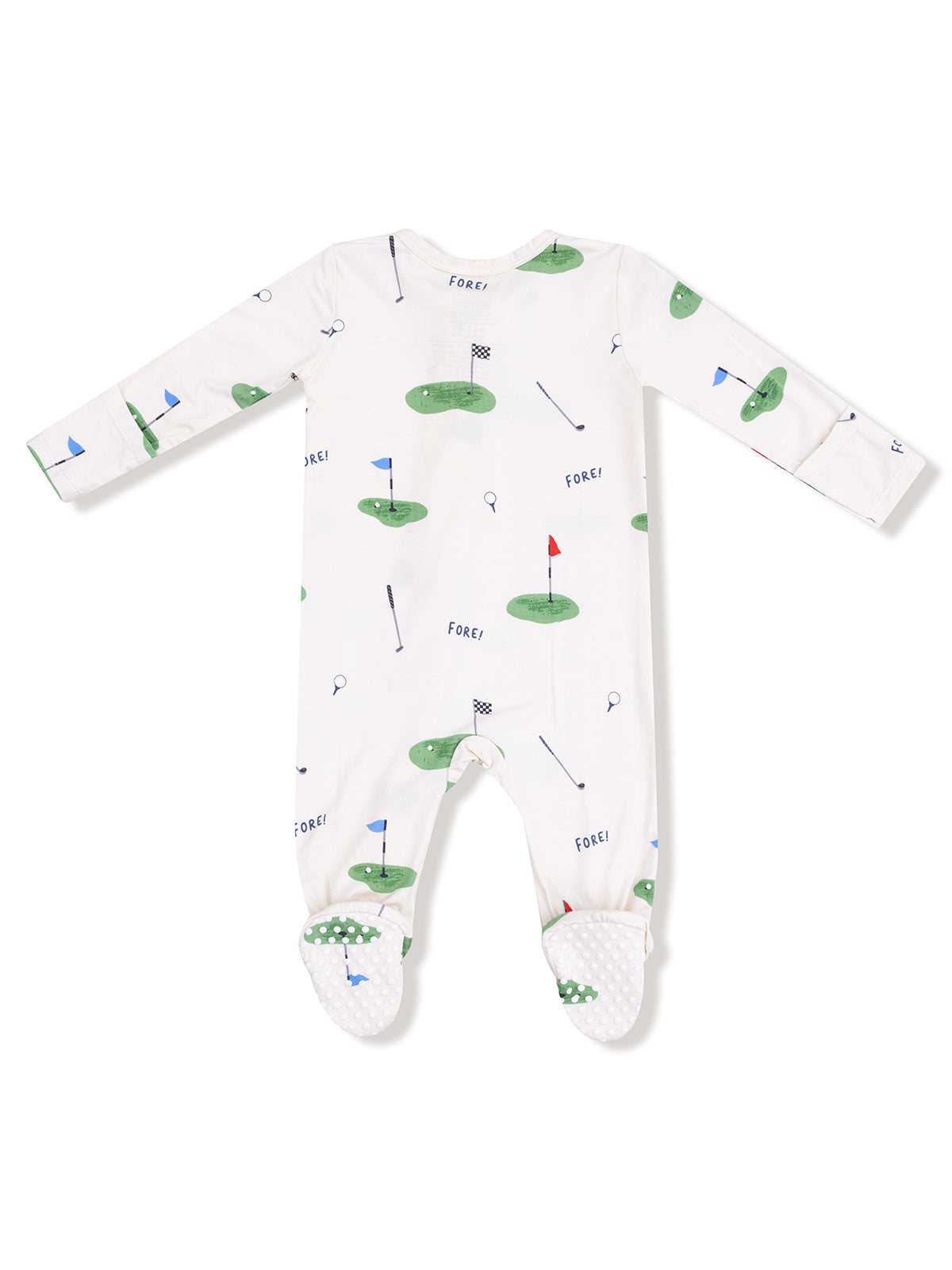 White baby onesie featuring a golf-themed pattern with green turf, flags, and the word "FORE!" printed throughout.