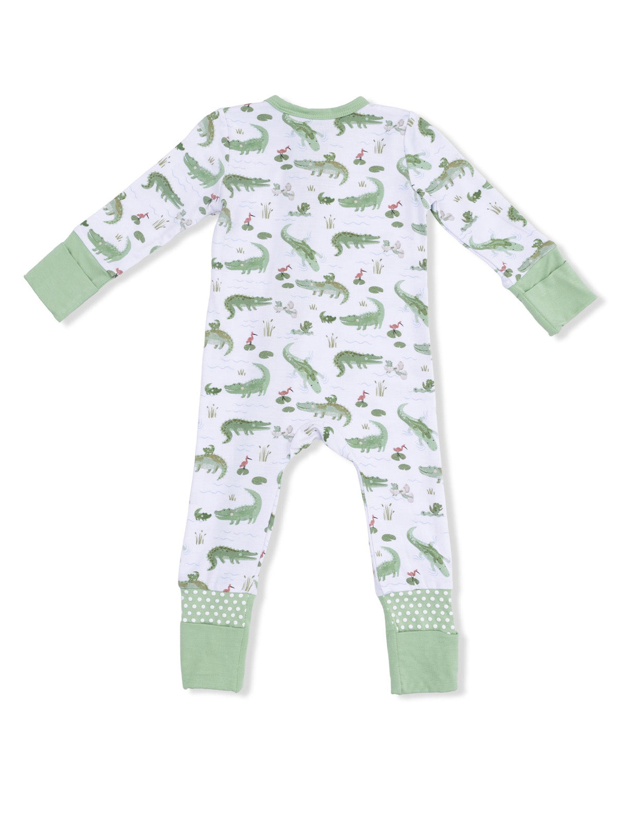 Green and white children's pajama suit with alligator and nature print on the back.
