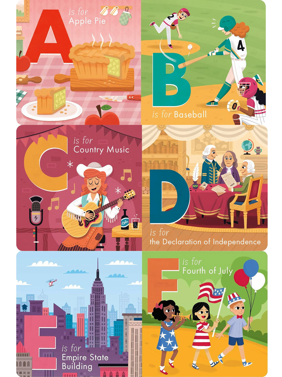 Illustration of an alphabet book with A-F representing American symbols: apple pie, baseball, country music, etc.