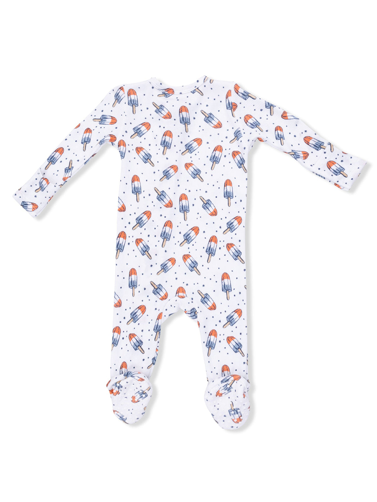 White infant pajamas with colorful popsicle pattern, featuring long sleeves and footed design.