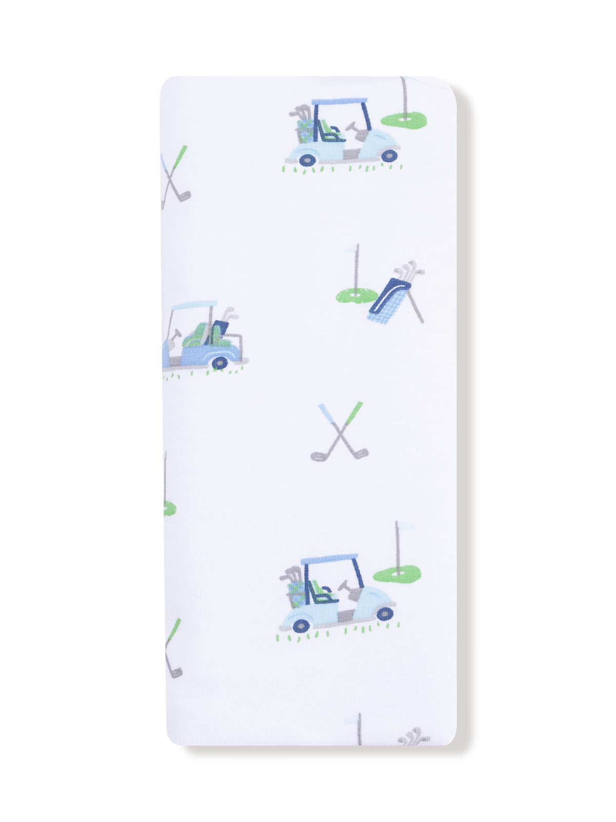 Golf-themed fabric featuring golf carts, clubs, and greens in a playful design on a white background.