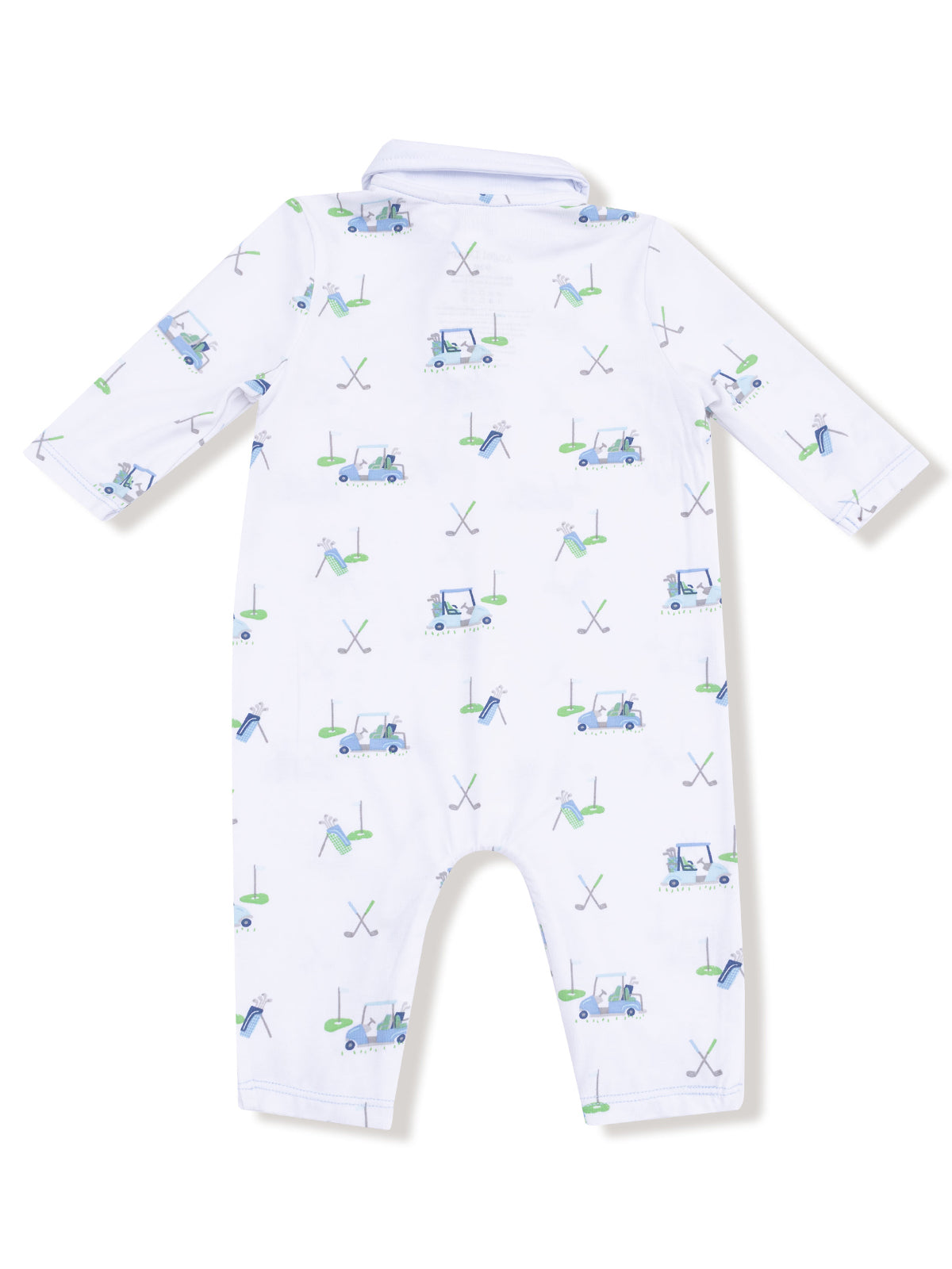 White baby romper with golf cart and golf-themed patterns. Suitable for casual play or golf outings.