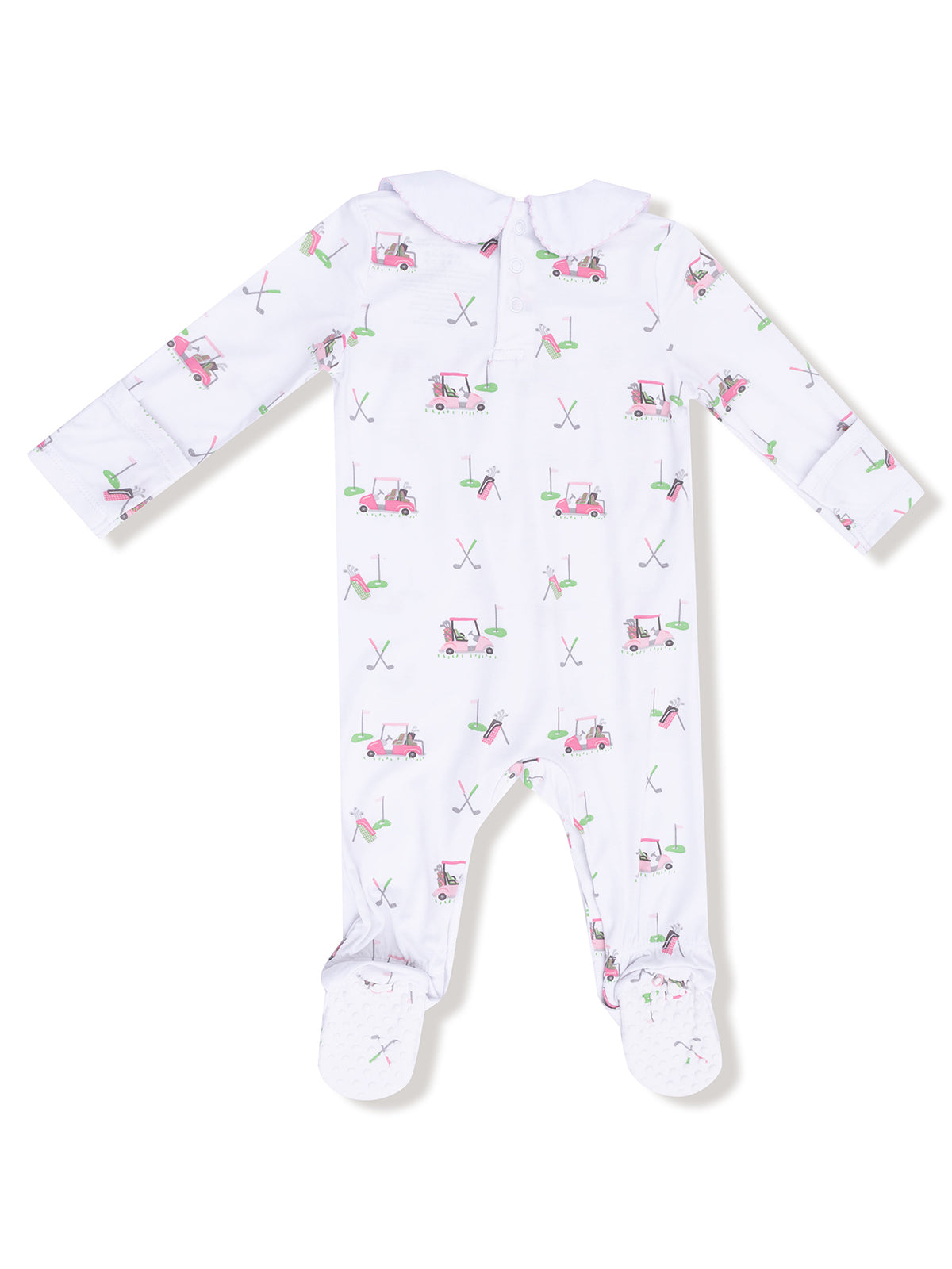 White baby onesie with a golf-themed pattern, featuring golf carts and equipment, and a collared neckline.