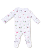 White baby onesie with a golf-themed pattern, featuring golf carts and equipment, and a collared neckline.