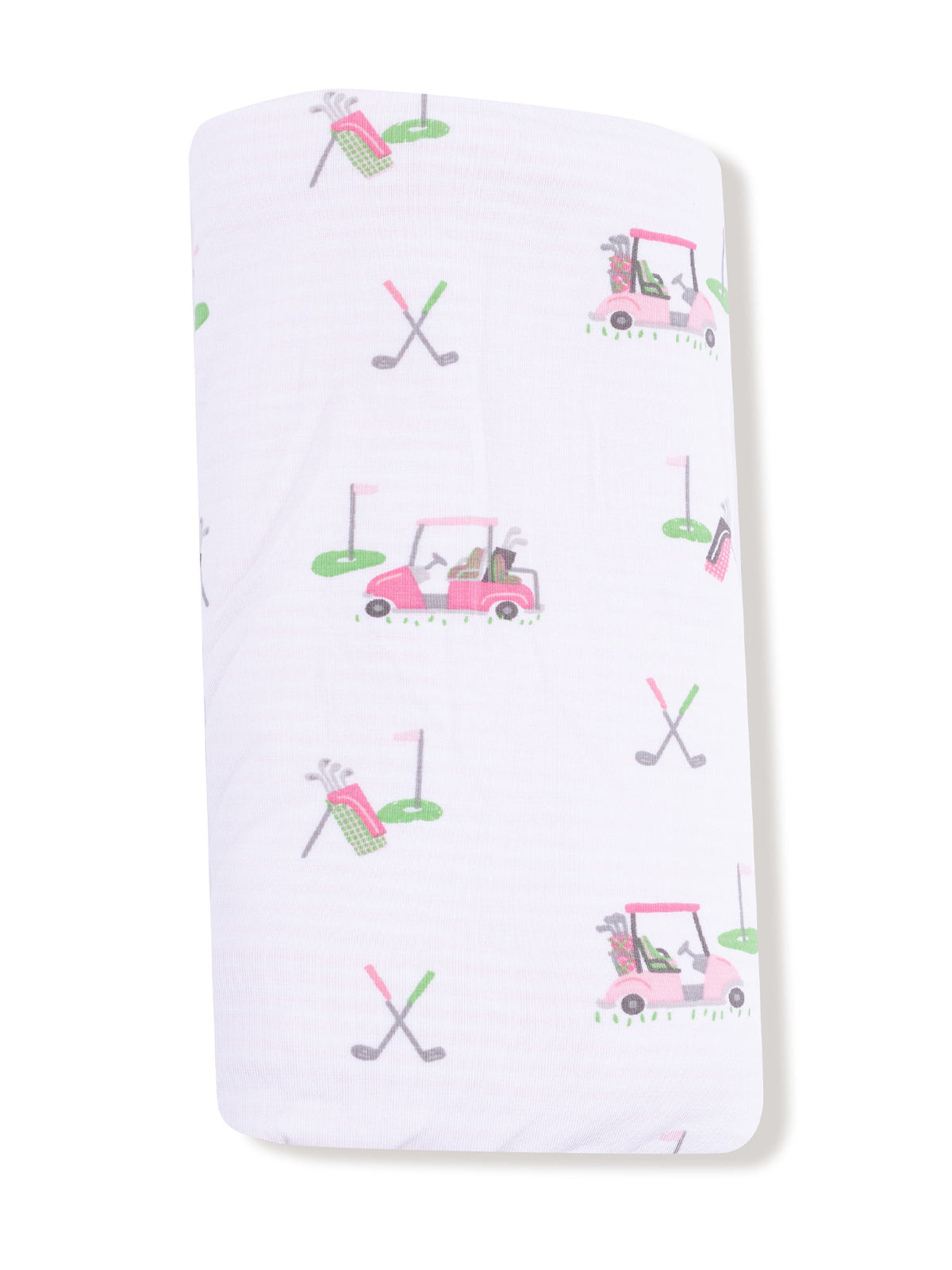 Golf-themed fabric featuring golf carts, clubs, and putting greens in a playful print on a light background.