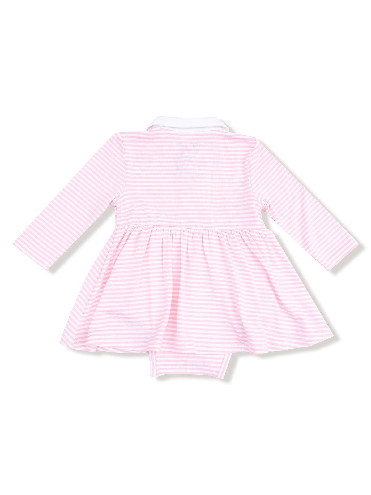 Pink and white striped long-sleeve baby dress with a white collar and flared skirt.