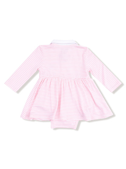 Pink and white striped long-sleeve baby dress with a white collar and flared skirt.