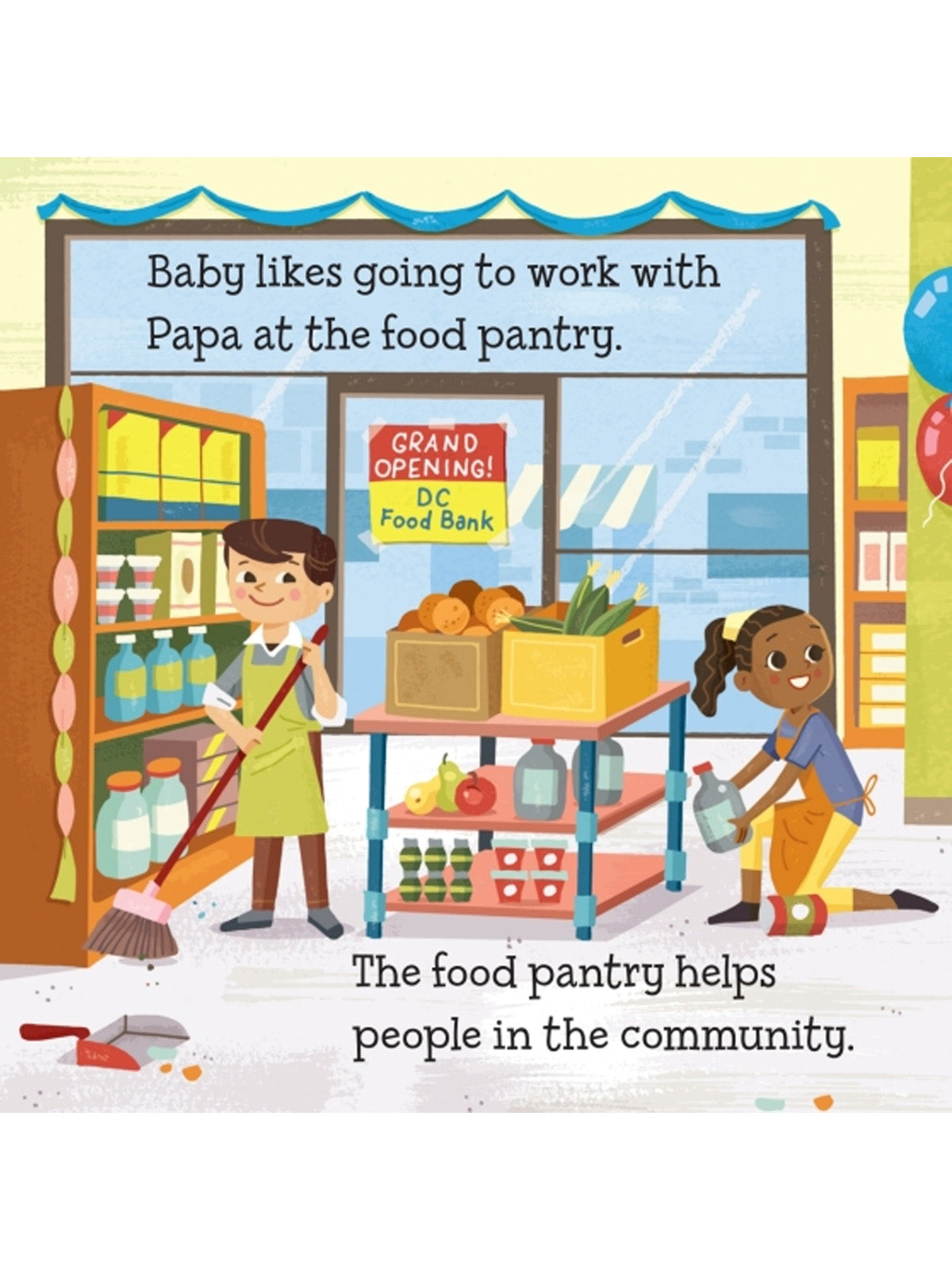 Illustration of a food pantry with a child and an adult helping. Text highlights community support and grand opening.