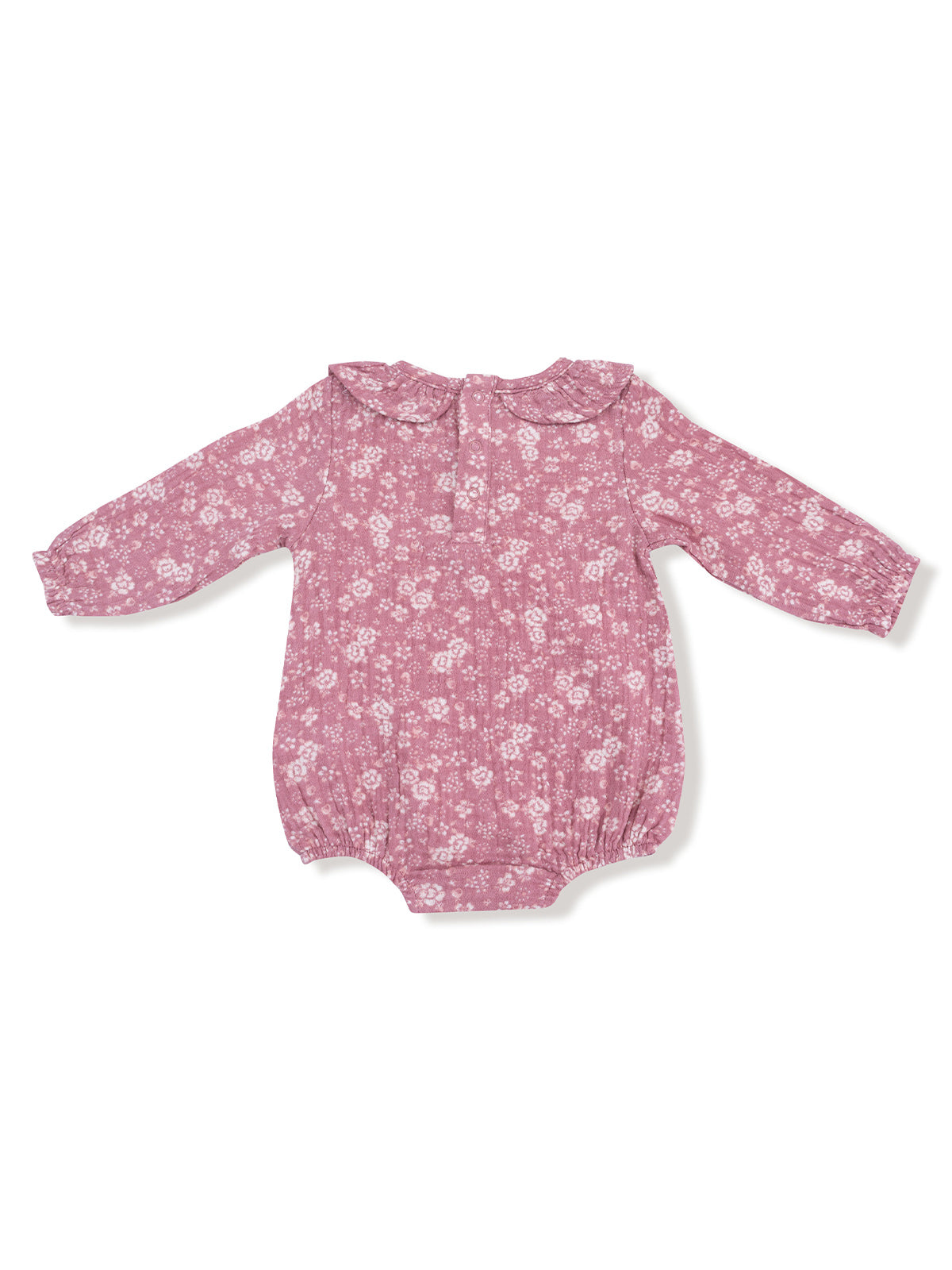 Pink floral baby romper with long sleeves and a collar, displayed flat on a white background.