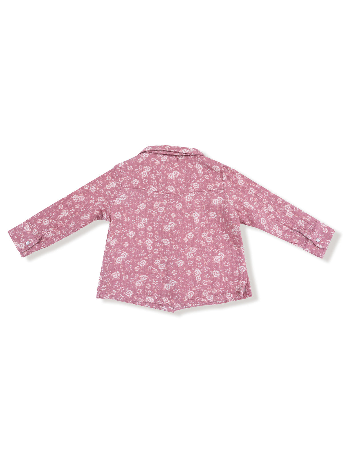 Back view of a pink floral long-sleeve shirt with a collar and buttoned cuffs.