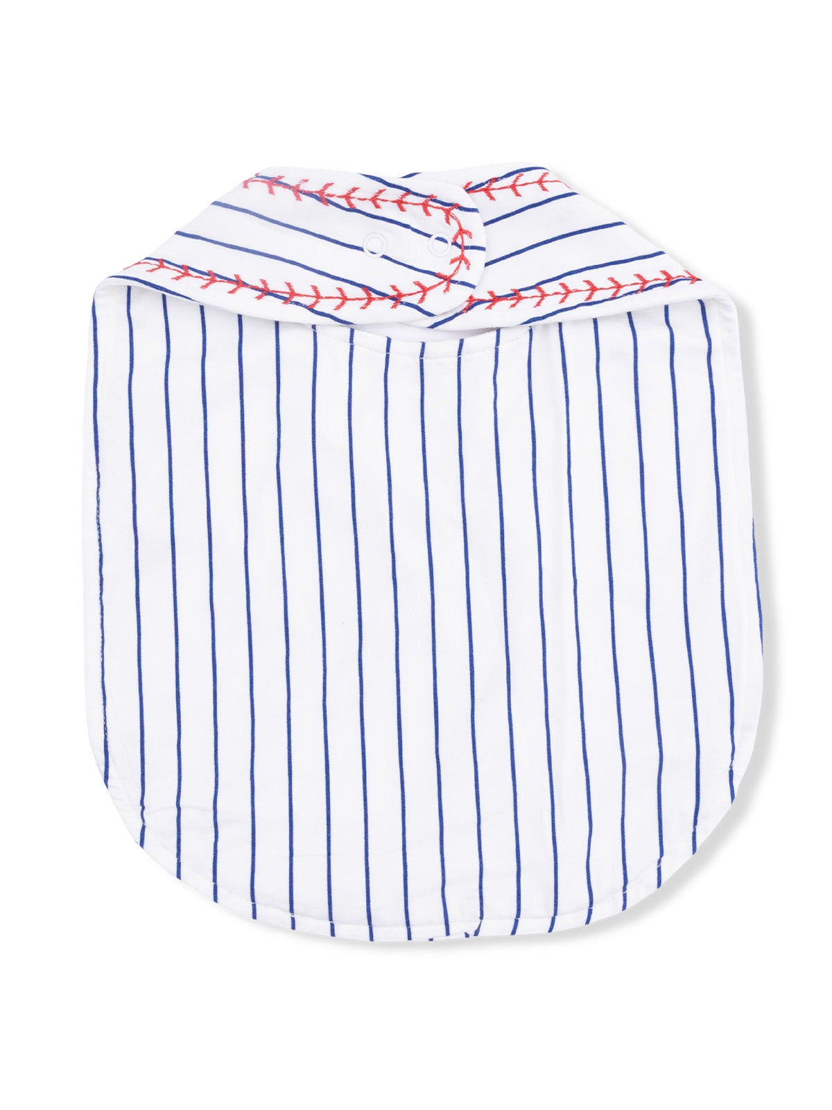 White shirt with blue stripes and red stitching on the collar, styled for a sporty look.