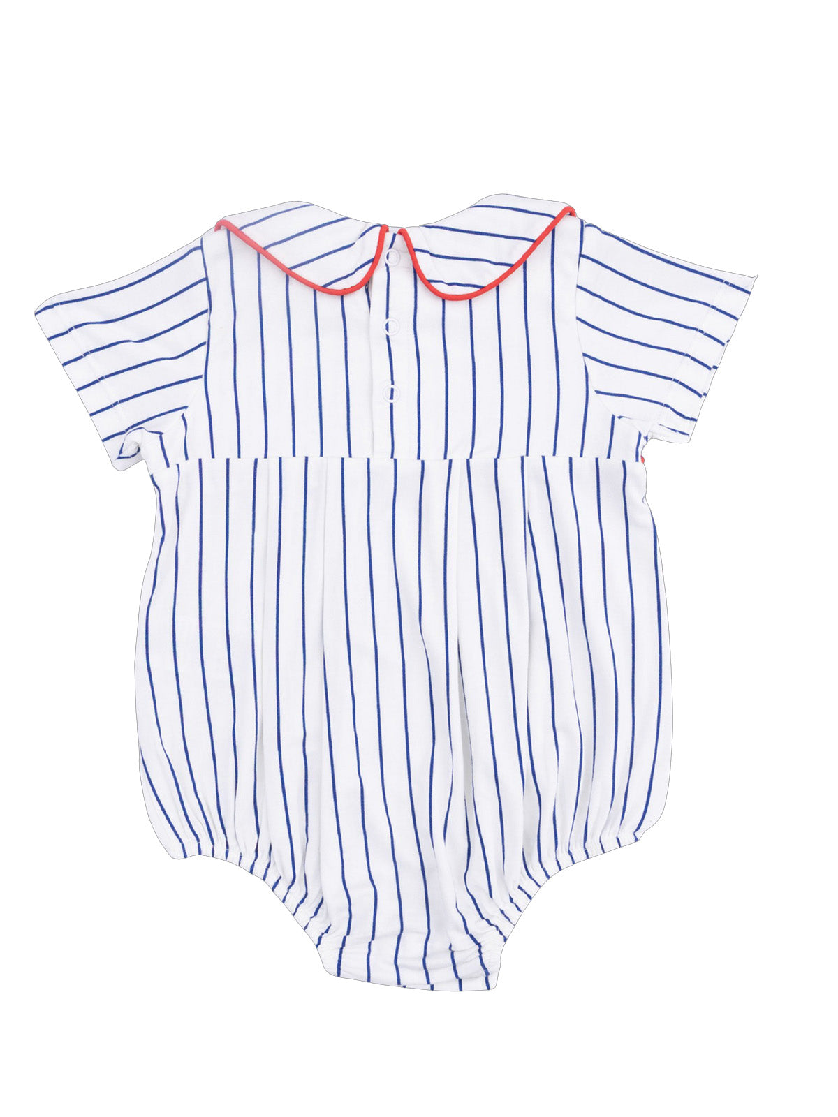 White baby romper with blue stripes and red collar, featuring short sleeves and a buttoned back.