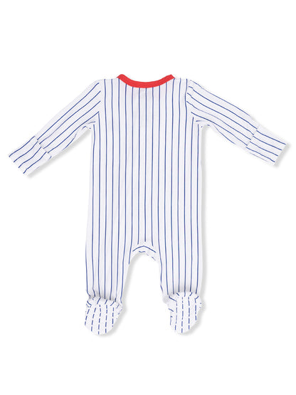 Back view of a baby onesie with blue stripes and red collar, featuring footed design for warmth and comfort.