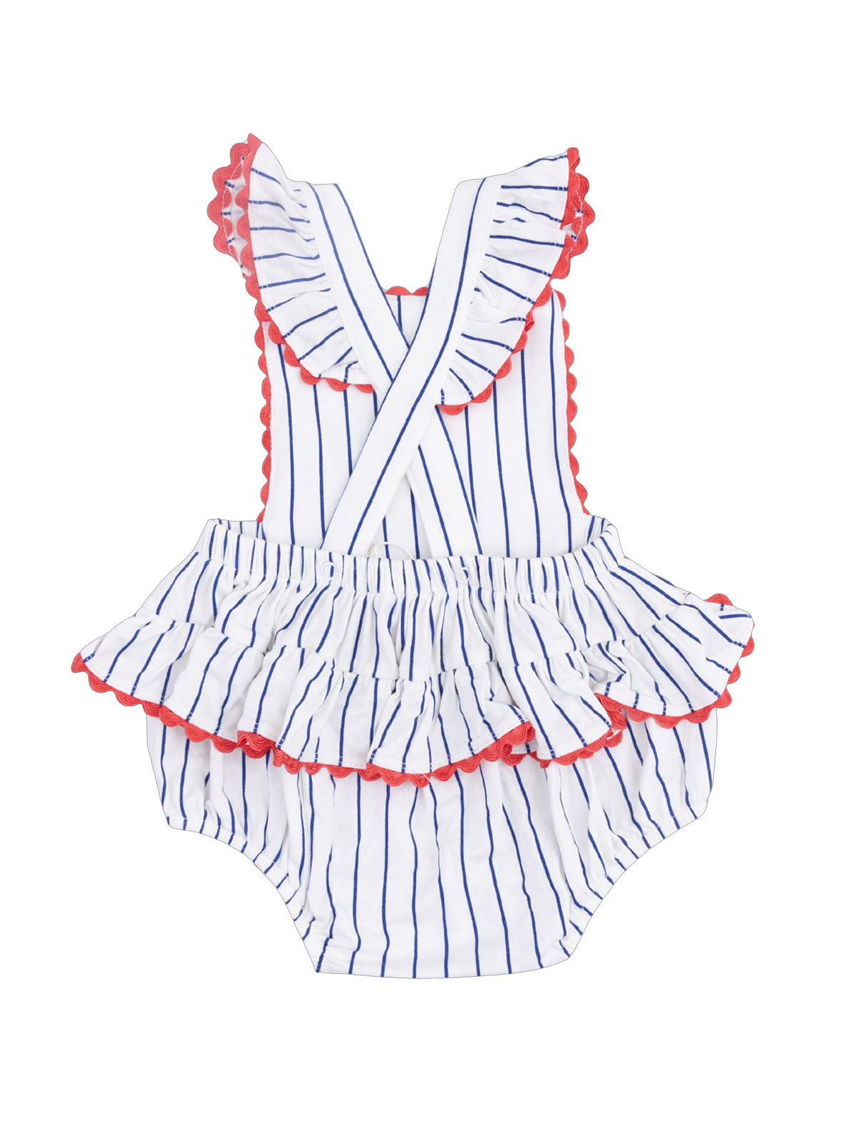 Red and white striped baby romper with ruffled sleeves and a frilled skirt.