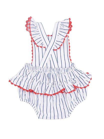 Red and white striped baby romper with ruffled sleeves and a frilled skirt.