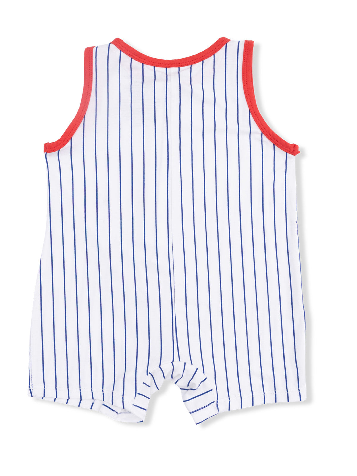 Back view of a striped sleeveless romper with red trim, featuring blue stripes on a white background.