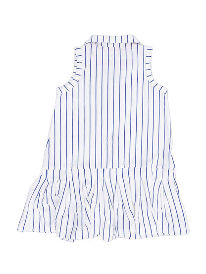 White sleeveless dress with blue vertical stripes and a ruffled hem, viewed from the back.