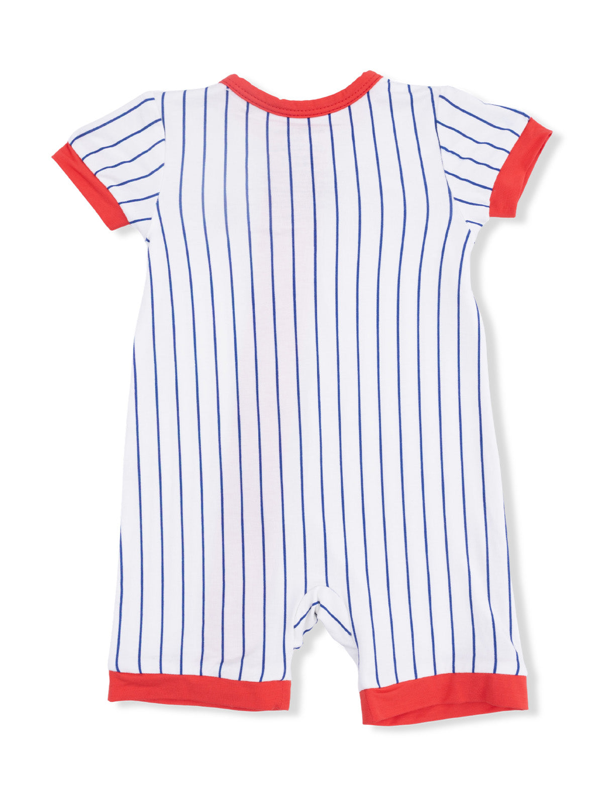 Children's romper featuring vertical blue and white stripes with red trim on sleeves and legs. Perfect for warm weather.