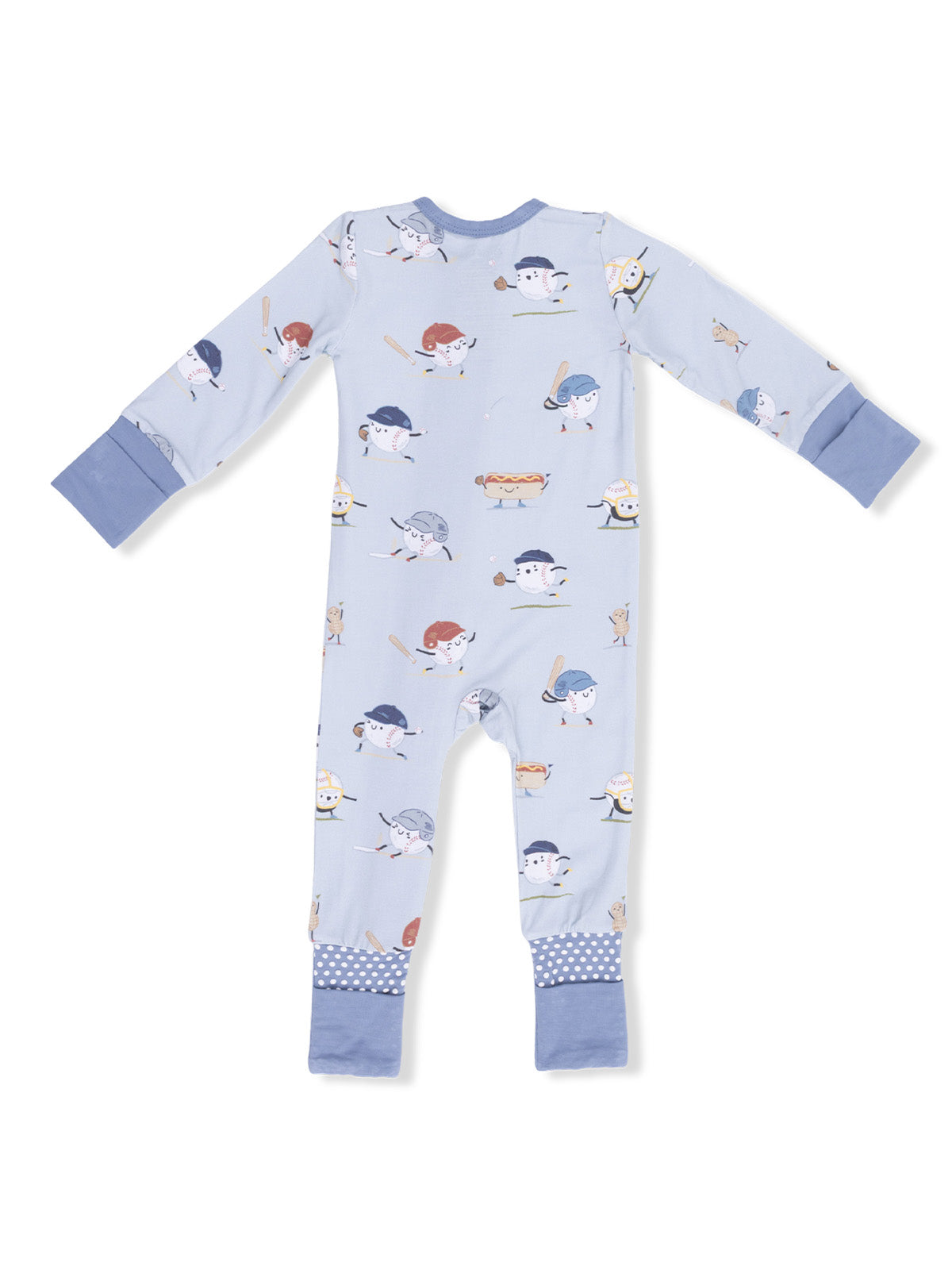 Blue pajama onesie featuring playful food character designs, with long sleeves and polka dot cuffs.