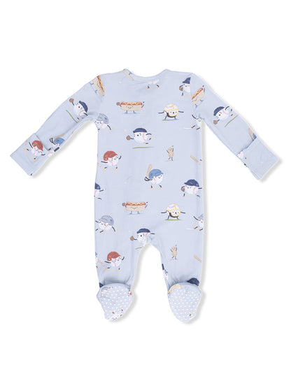 Light blue baby onesie featuring playful food character prints, perfect for infants and toddlers.