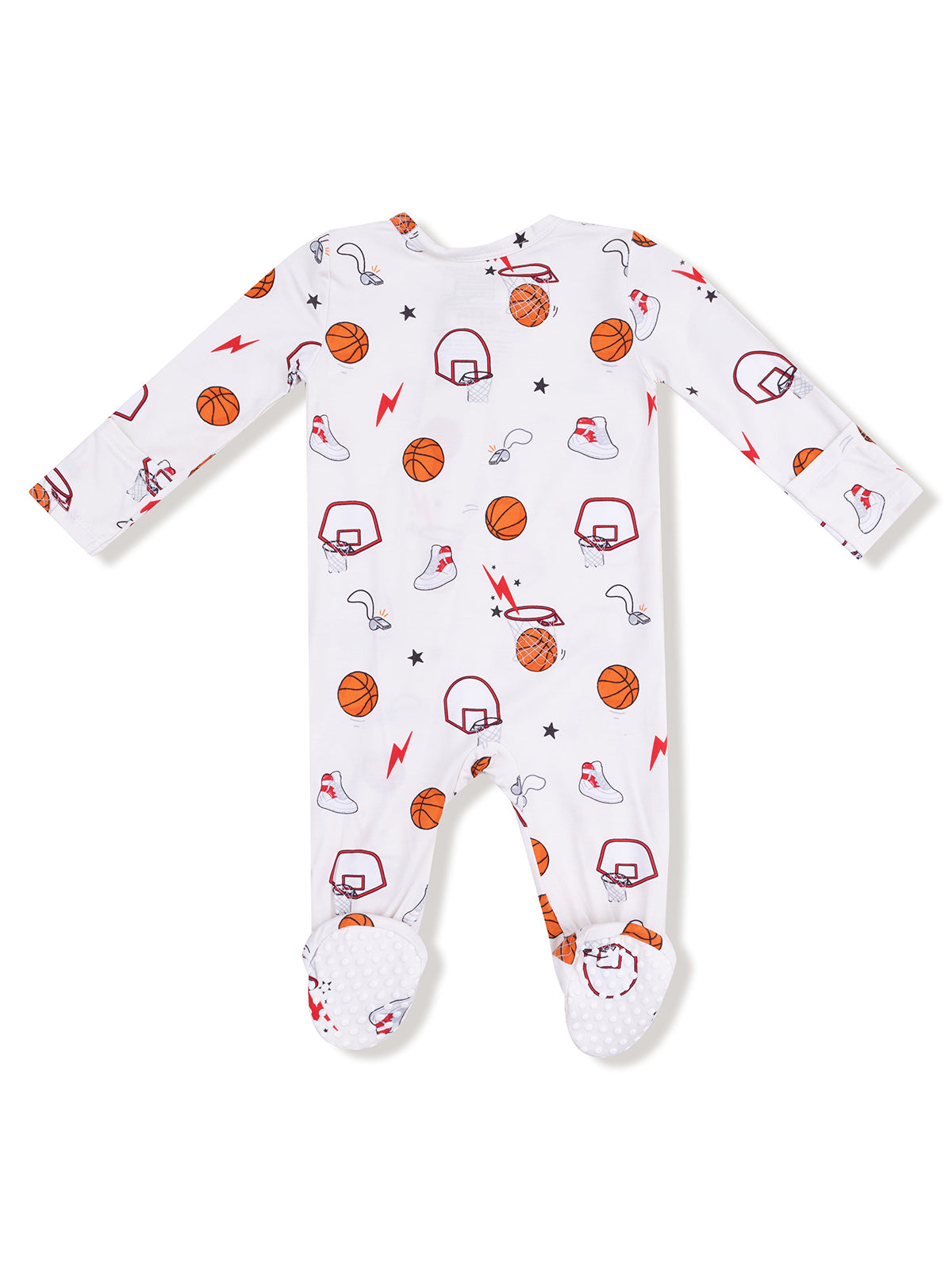 White baby onesie with basketball, hoop, and sneaker prints, featuring non-slip feet and long sleeves.