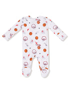 White baby onesie with basketball, hoop, and sneaker prints, featuring non-slip feet and long sleeves.