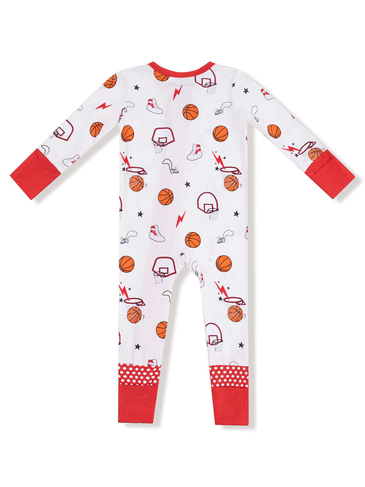 Red and white children's pajamas with basketball and sports-themed patterns.