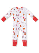 Red and white children's pajamas with basketball and sports-themed patterns.