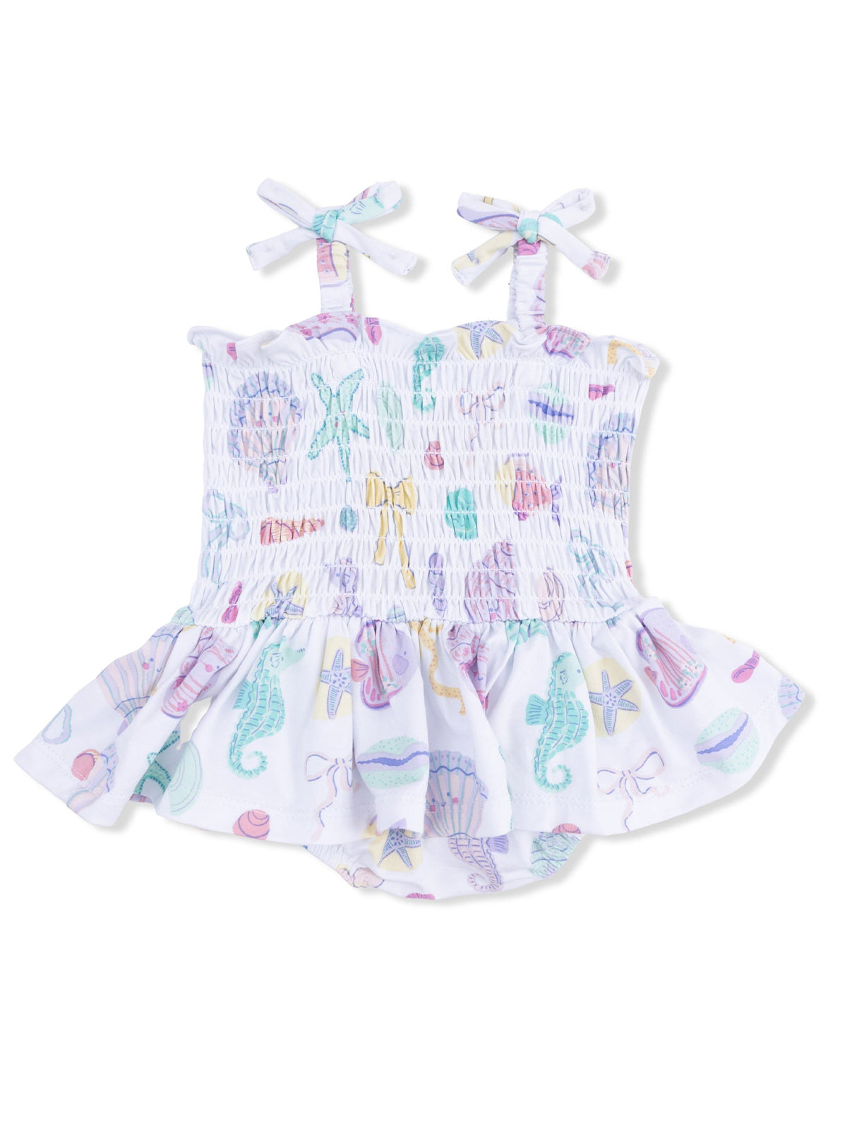 White romper with colorful sea-themed prints and bows on shoulder straps, ideal for summer wear.