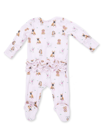 2-Way Zip Ruffle Footie, Bestie Dogs Pink