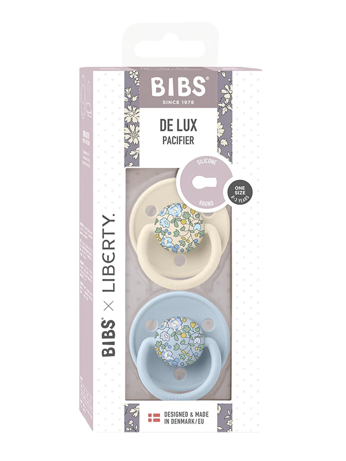 BIBS x LIBERTY De Lux Silicone Round Pacifier 2 Pack, Eloise Baby Blue Mix