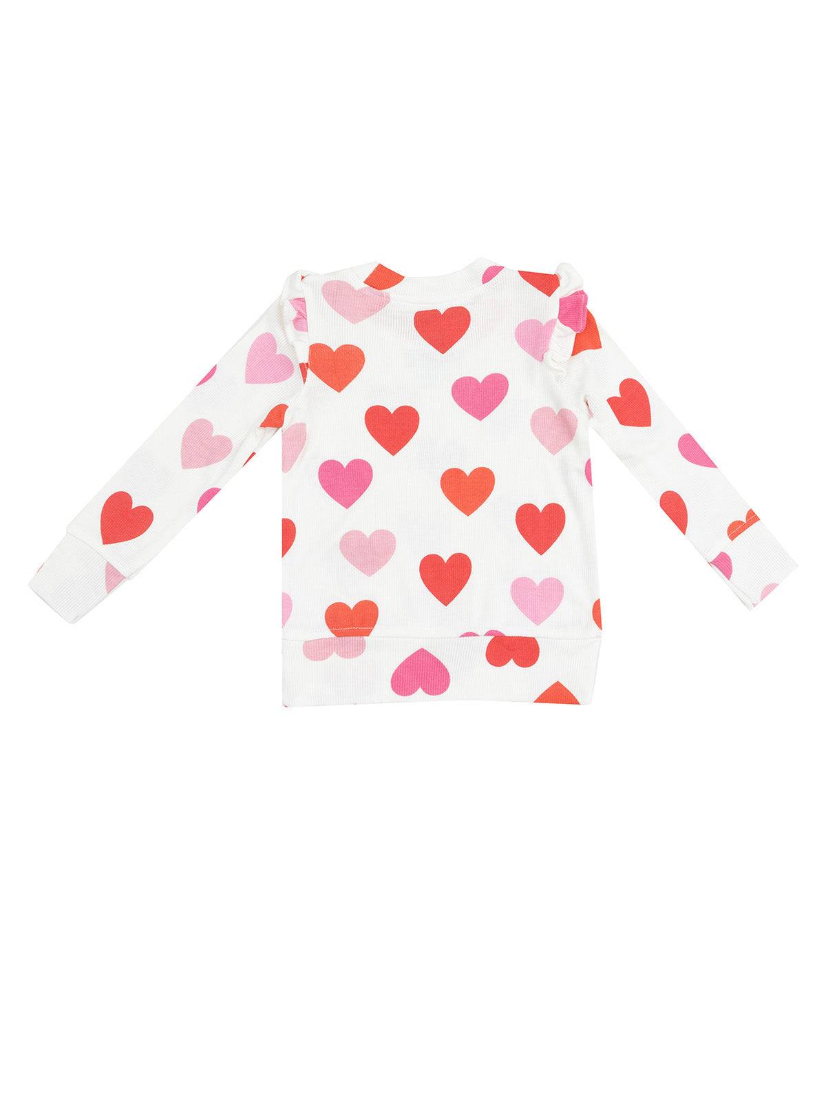 White long-sleeve shirt with colorful heart patterns in red and pink, featuring ruffle details on the shoulders.