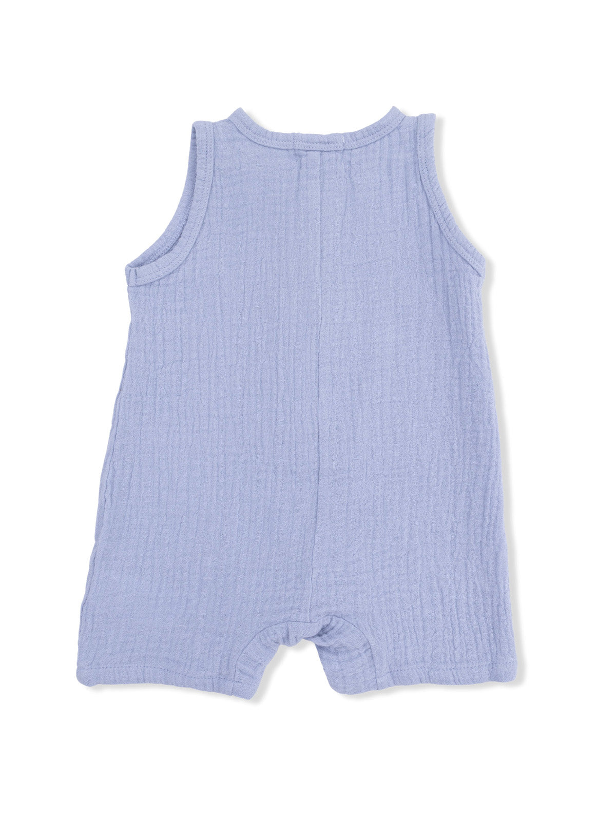 Light blue sleeveless romper with a textured fabric, view from the back. Perfect for warm weather.
