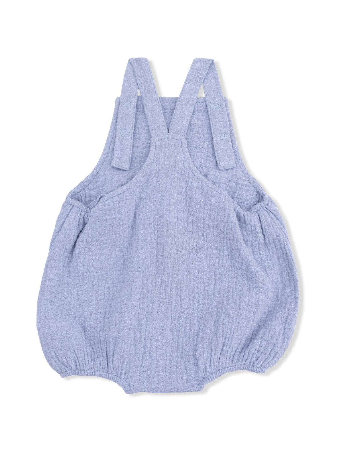 Light blue baby romper with adjustable straps and gathered legs, made of soft, textured fabric.
