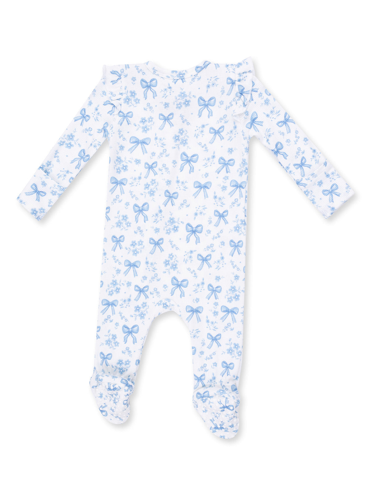 Ribbed Ruffle Sleeve 2-Way Zip Footie, Blue Bows and Flowers