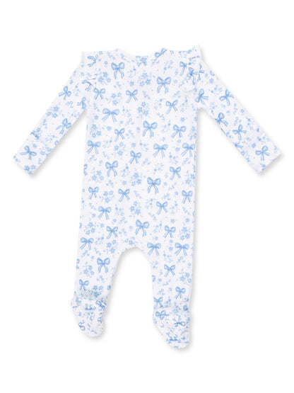 Ribbed Ruffle Sleeve 2-Way Zip Footie, Blue Bows and Flowers