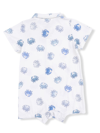 Back view of a white children's outfit featuring a crab pattern in various shades of blue.