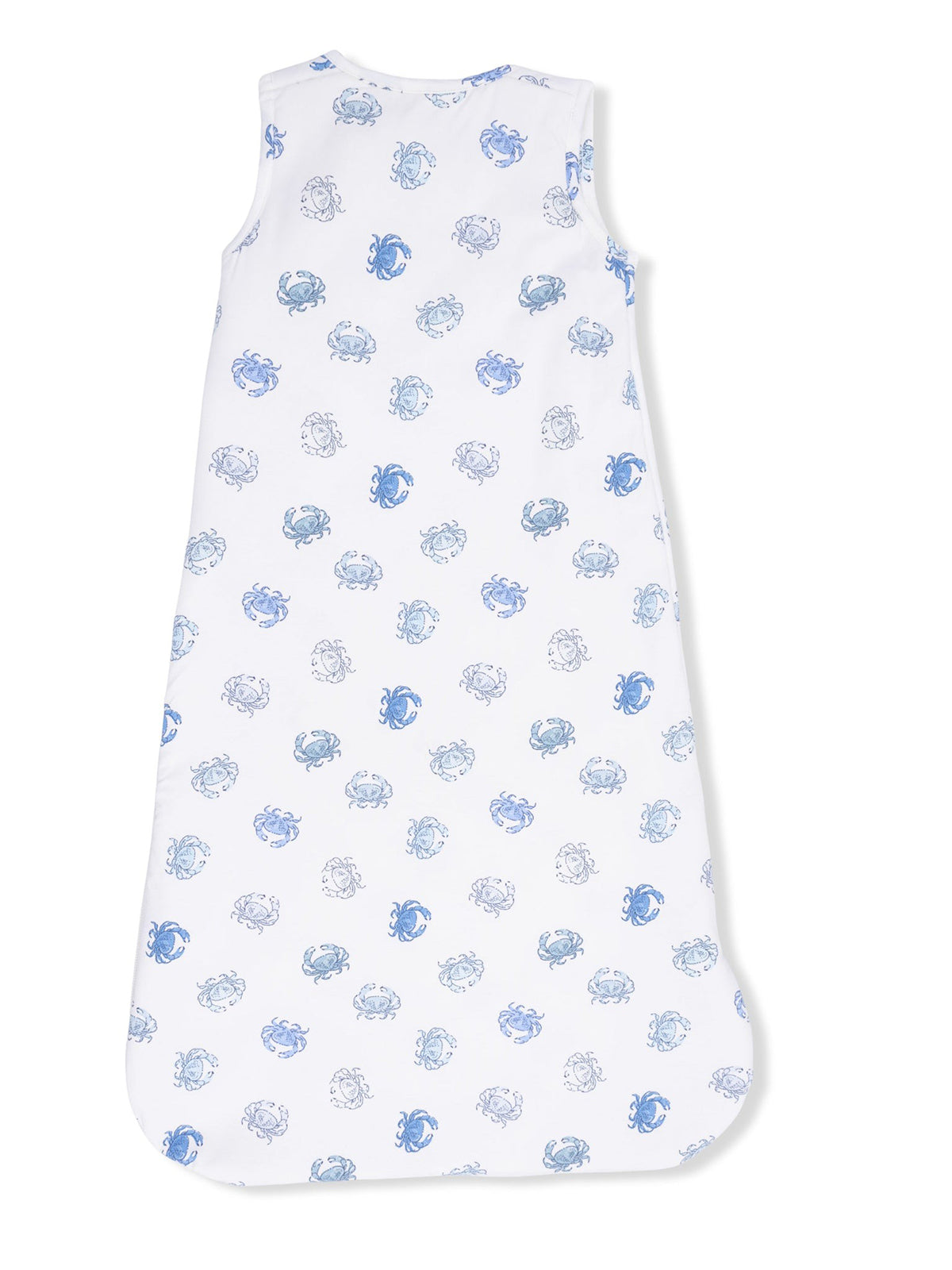 White sleep sack with blue crab patterns, designed for comfort and style. Ideal for a cozy night's sleep.