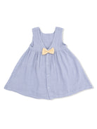 Blue and white checkered dress with a bow, featuring a sleeveless design and button closure.