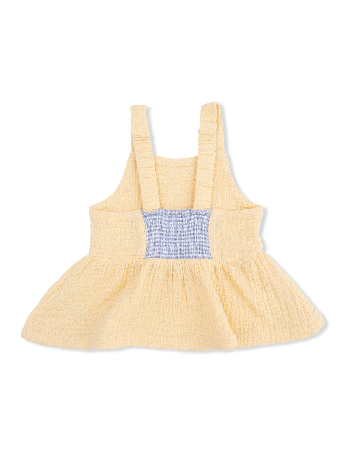 Yellow toddler dress with a blue checked center and ruffled straps, featuring a flared skirt design.