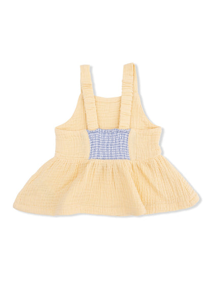 Yellow toddler dress with a blue checked center and ruffled straps, featuring a flared skirt design.