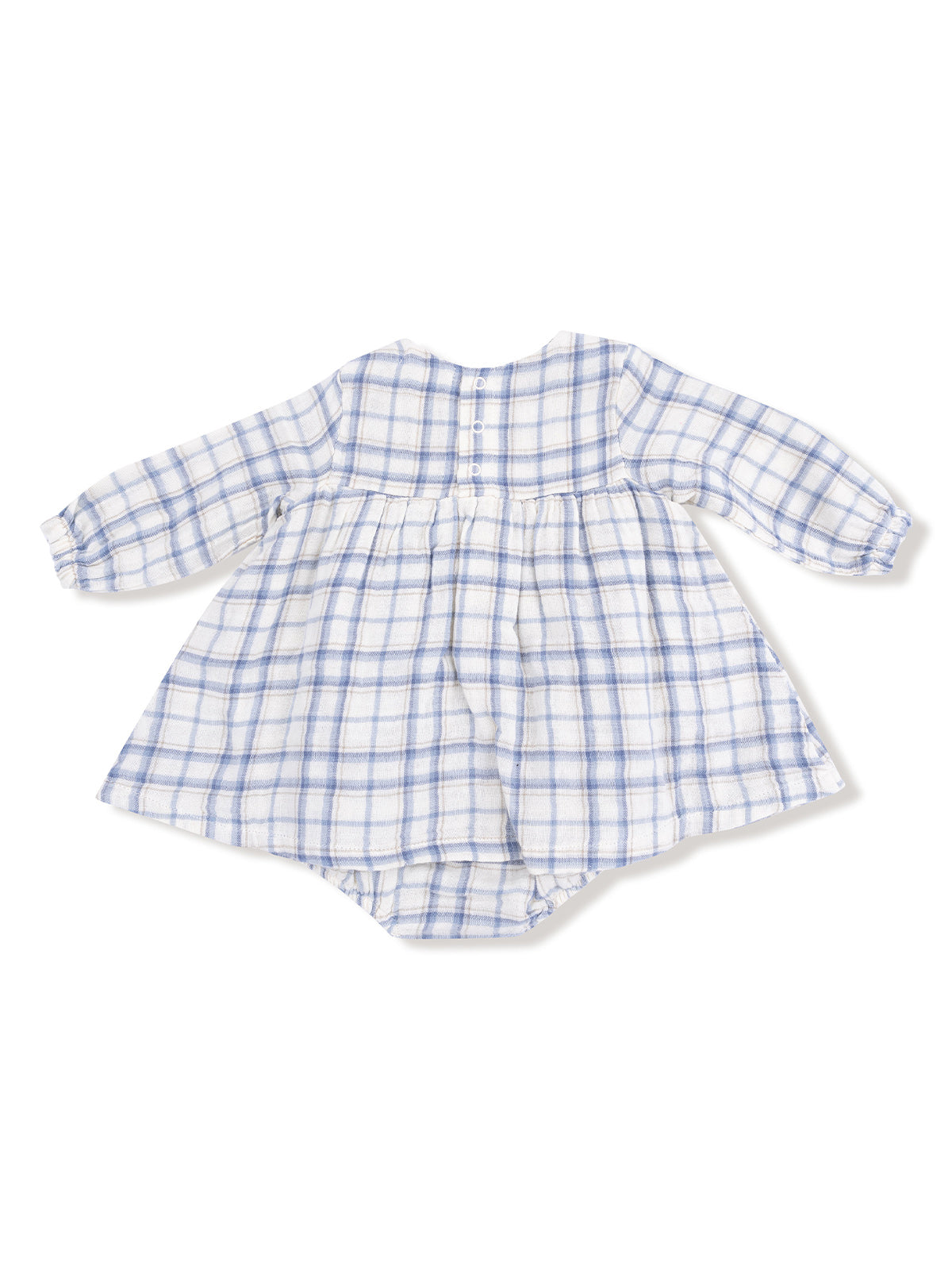 Back view of a children's plaid dress in blue and white, featuring long sleeves and button details.