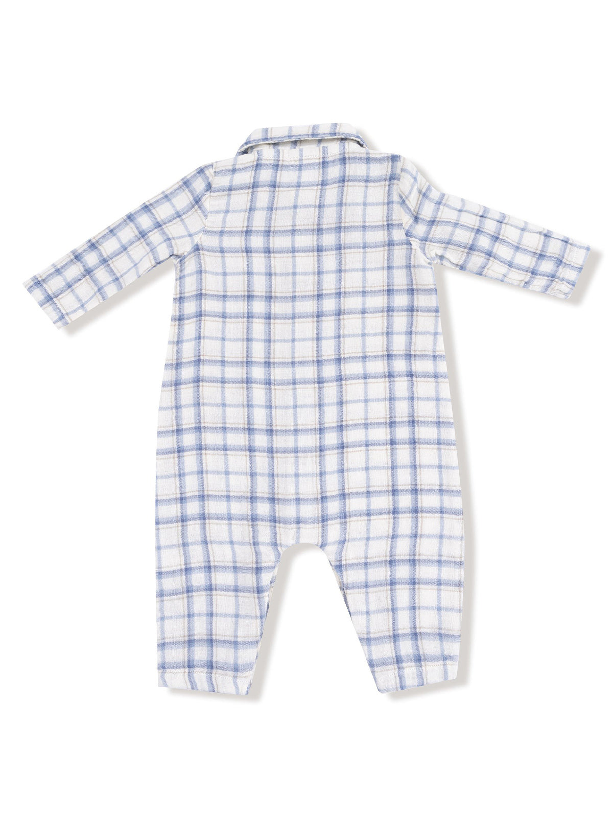 Back view of a children's plaid onesie in white and light blue. Features long sleeves and a collar.